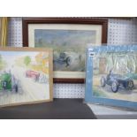 Motoring Drawings in Chalk of 1920's Style Racing Cars, in various stages, only one framed, signed