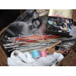 Knitting Needles, sewing patterns, cottons, buttons, etc:- in wicker basket.