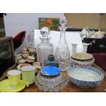 Two Glass Decanters, ceramic bowls, Monk egg holder, etc:- One Tray