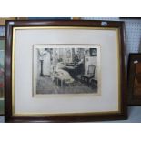 A XIX Century Framed Silk Print, of a lady sitting at her desk, reading a letter.