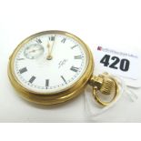 Waltham USA; An 18ct Gold Cased Openface Pocketwatch, the signed dial with black Roman numerals