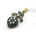 An Edwardian Style Emerald and Diamond Set Heart Shape Pendant, set throughout, with seed pearl