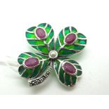 A Modern Ruby and Pearl Set Four Leaf Clover Brooch, circular and oval rubover set, with marcasite