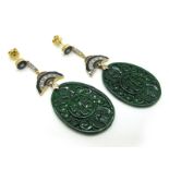 A Pair of Art Deco Style Panel Drop Earrings, the pierced panels below diamond set fan surmount