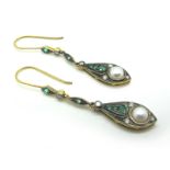 A Pair of Antique Style Pearl and Diamond Set Earpendants, of tapered design, with emerald set