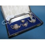 A Miniature Hallmarked Silver Five Piece Tea Set, PJD, Birmingham 1978, tray overall width over