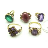 A 9ct Gold Amethyst Set Dress Ring, of antique style within textured setting; A Single Stone Dress