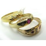 A 9ct Gold Three Stone Ring, rubover set; a dress ring of crossover design and another. (3)