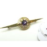 A Victorian Style Bar Brooch, openwork circular centre, with collet set highlight and collet set