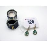 A Pair of Modern Emerald and Diamond Set Drop Earrings, teardrop set below diamond set hinged