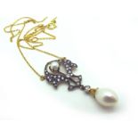 A Pearl and Diamond Set Drop Pendant, of Edwardian style, the pearl drop below brilliant cut diamond
