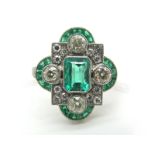 An Antique Style Emerald and Diamond Set Ring, rectangular collet set to the centre within single