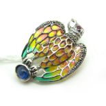 A Modern Ruby and Sapphire Set Eagle Brooch, with enamel and marcasite set highlights, with