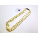A Three Row Graduated Pearl Bead Necklace, knotted to panel clasp.