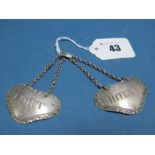A Pair of Part Hallmarked Silver Decanter Labels, possibly Thomas Heming, "White Wine" and "Port",