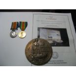 WITHDRAWN - A WWI Casualty Medal Duo, comprising war medal and victory medal, plus death plaque to M