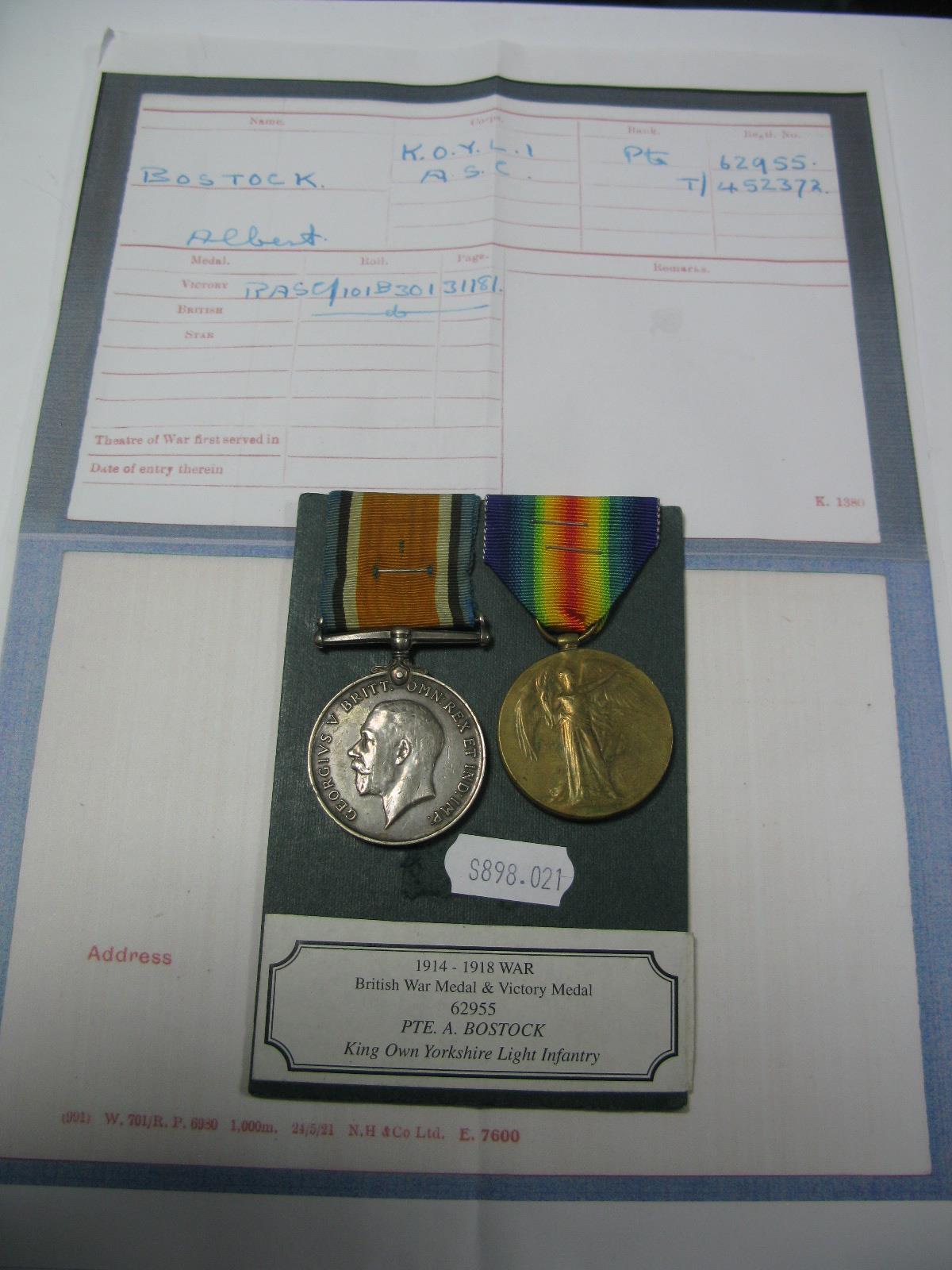 A WWI Medal Duo, comprising War Medal and Victory Medal to 62955 Pte. A.Bostock, Kings Own Yorkshire