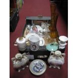 Carved Joined Hands Wall Plaque 'A.D.' Monogram, dolls tea set, glassware, ceramics, etc:- One Box