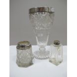 A Hallmarked Silver Rimmed Glass Vase; together with two glass jars (one lacking stopper). (3)