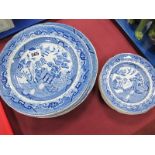 XIX Century Staffordshire Blue-White Willow Pattern Plates, bowls, side plates. (14)