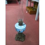 Early XX Century Iron Based Oil Lamp, with painted turquoise well.
