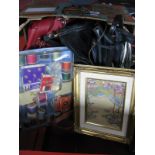 A Collection of Ladies Leather Handbags, needlework cottons, etc:- One Box.