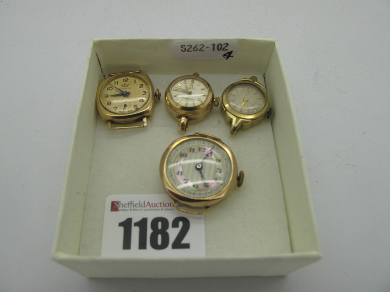 Three Vintage 9ct Gold and another Ladies Wristwatch Heads Only, including Tudor, Omega and Marvin