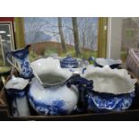 Jardiniere, wash jug, cheese dish, other blue and white pottery:- One Box