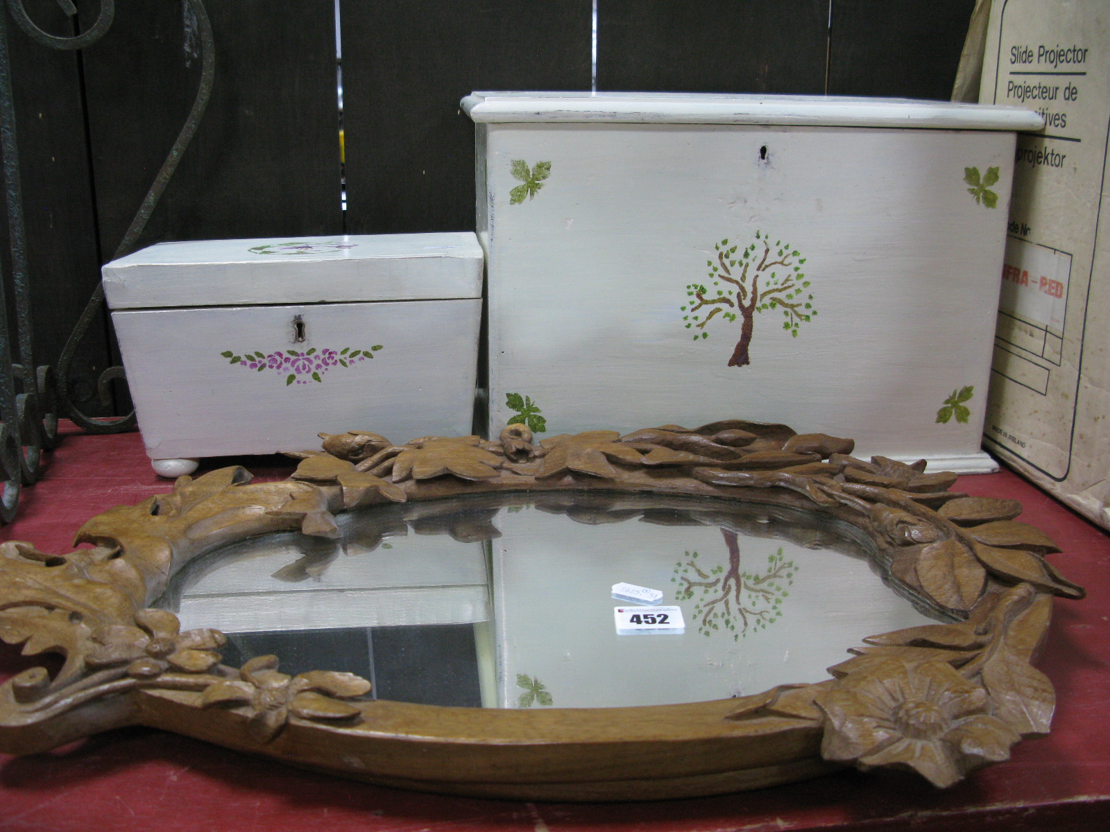 Mirror in Carved Oak Frame, painted letter box and caddy. (2)