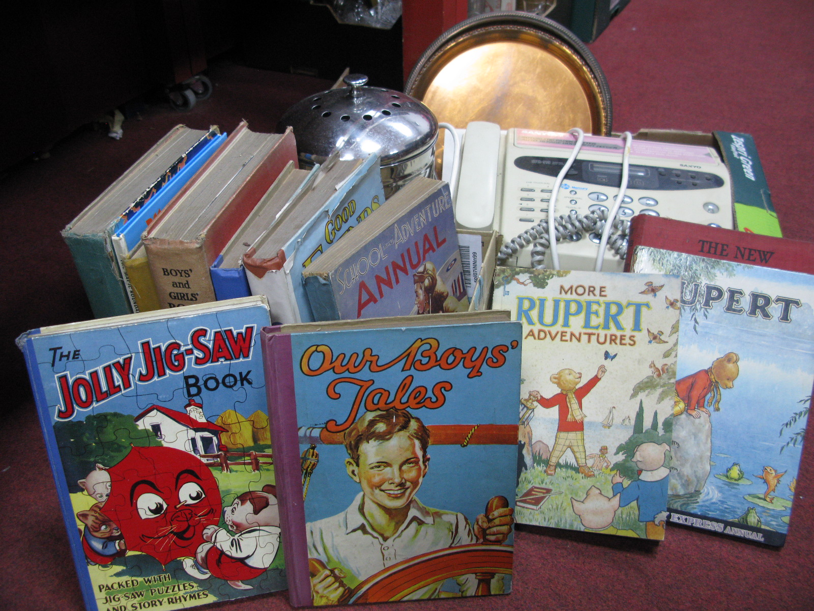 Rupert 1943 and 1969 Annuals, The New Adventures, other annuals, Sanyo fax Machine, etc:- Two Boxes