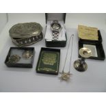 A Filigree Cross Brooch/Pendant, an owl brooch (stamped "925"), trinket box (hinge damaged); a