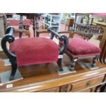 XIX Century Ebonised Footstool, on sabre legs; together with an oak footstool with upholstered top