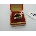 An 18ct Gold Wide Plain Wedding Band; together with an 18ct gold three stone ring, alternatively