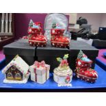 Six Novelty Enamel Christmas Trinket Boxes, including stockings and a wrapped present, (boxed):- One