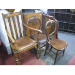 1920's Oak Rail Back Carver Chair, two bedroom chairs. (3)