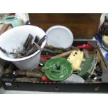 Quantity of Tools, cutlery, knives, enamelled pail:- One Box