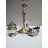 A Hallmarked Silver Candlestick, (damages/marks indistinct), 16.cm high (base weighted); a small