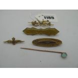 A R.A.F Wings Brooch, stamped "9ct", (3.2cm); in Edwardian seed pearl set swallow bar brooch; a