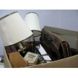 Leather Satchel, photos, lamps, place mats, pencils, etc:- One Box