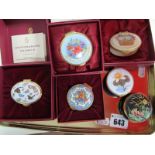 Six Staffordshire Enamels Enamel Trinket Boxes, including an oval 'Butterfly' box and a circular '