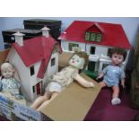 Mid XX Century Dolls House, 69cm wide, with furnishings, another smaller Roddy and two other dolls.