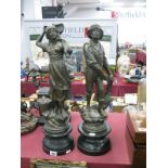 A Pair of Early XIX Century Spelter Figures, fisherman and fishergirl, on ebonized circular bases,