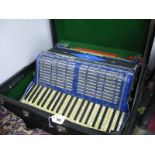 Paolo Soprani Castelfidardo Italia Accordion, with blue marbelette casing, in black carry case.