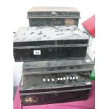 Five Black Metal Deed Boxes, in various sizes. (5)