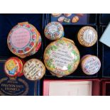 Seven Halcyon Days and Staffordshire Enamels Circular Lidded Trinket Boxes, each with motto or verse