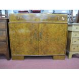 Art Deco Walnut Sideboard, with single drawer over cupboard doors, 110cm wide.