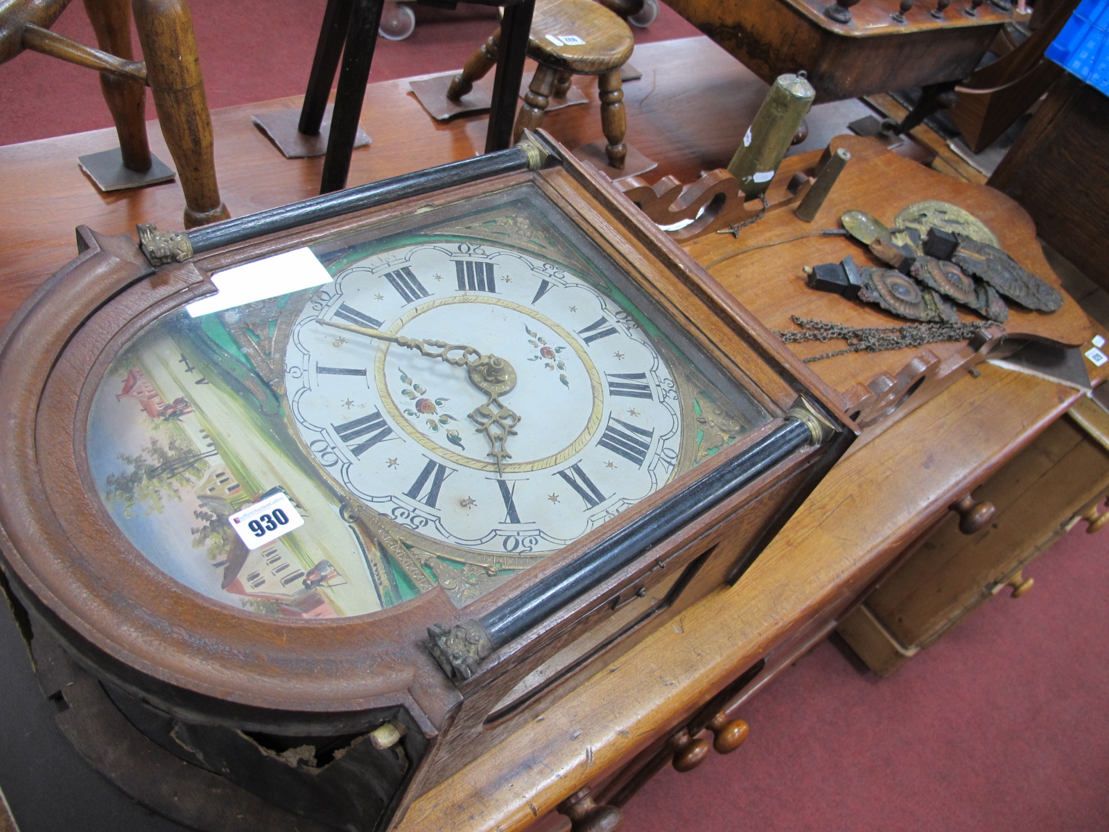 A XIX Century Dutch Oak Frisian Tail Wall Clock, with arched pediment over painted white dial with