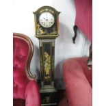 A XX Century Black Lacquer Grandmother Clock, with arched hood, silvered dial with Roman numerals