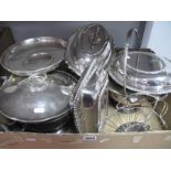 Three Plated Entree Dishes, footed dishes, a swing handled footed dish, bottle holder, etc.