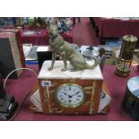 A Marble Art Deco Mantle Clock, surmounted by a metal Alsation Dog, 30.5cm wide.